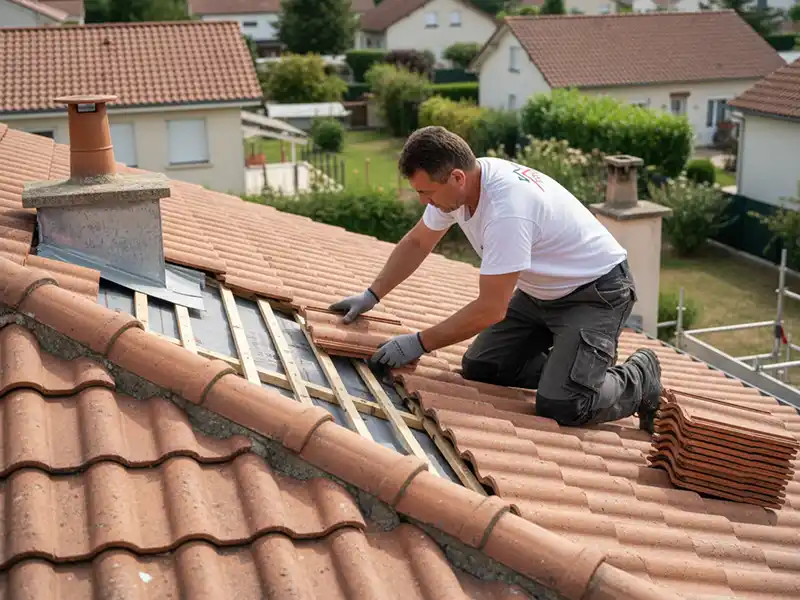 Changement des tuiles - Couverture Travaux Un homme portant des gants et une chemise blanche est agenouillé sur un toit de tuiles, effectuant un changement des tuiles en installant ou en réparant des tuiles brun-rouge sur une maison dans un quartier de banlieue avec des maisons similaires en arrière-plan.