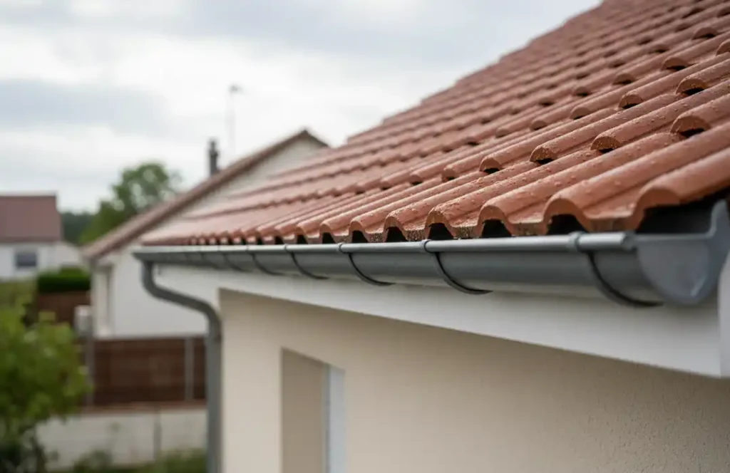 Vue rapproch&eacute;e d'un toit de maison avec des tuiles en terre cuite brun-rouge et un syst&egrave;me de goutti&egrave;res en m&eacute;tal gris, illustrant l'importance de choisir la bonne goutti&egrave;re pour sa maison.