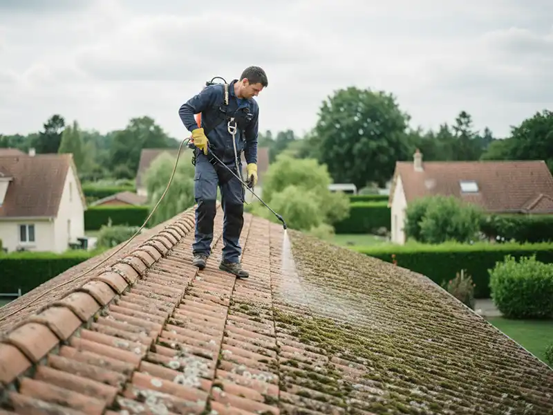 Un couvreur portant un &eacute;quipement de s&eacute;curit&eacute; utilise un nettoyeur &agrave; pression pour le d&eacute;moussage de toiture, nettoyant la mousse et la salet&eacute; d'un toit en tuiles, avec des maisons et de la verdure visibles &agrave; l'arri&egrave;re-plan.