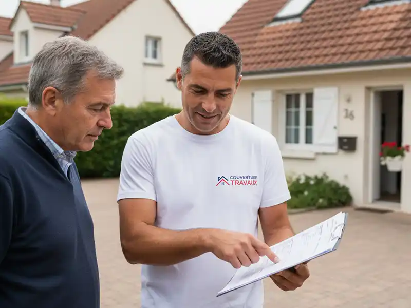 Devis zinguerie - Couverture Travaux Deux hommes se tiennent à l'extérieur d'une maison ; l'un, en chemise blanche, tient un presse-papiers et montre des documents, tandis que l'autre écoute. Tous deux discutent d'un devis pour des travaux de zinguerie liés à la maison.