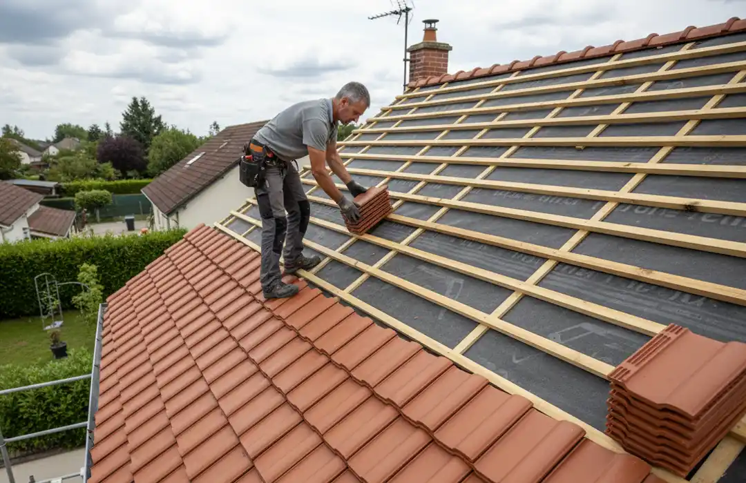 Un couvreur d'une entreprise de couverture dans le 91 pose des tuiles en terre cuite sur une maison, debout sur un toit partiellement achev&eacute;, avec des lattes en bois et une sous-couche noire visibles. Les maisons voisines et la verdure sont &agrave; l'arri&egrave;re-plan.