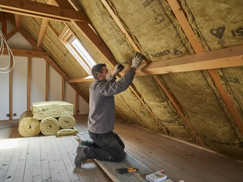 Une personne portant des gants et un masque pose des mat&eacute;riaux d'isolation dans les poutres en bois inclin&eacute;es d'un grenier, pr&eacute;sentant l'isolation des combles en Essonne, avec des rouleaux d'isolant empil&eacute;s &agrave; proximit&eacute; sur le plancher en bois.