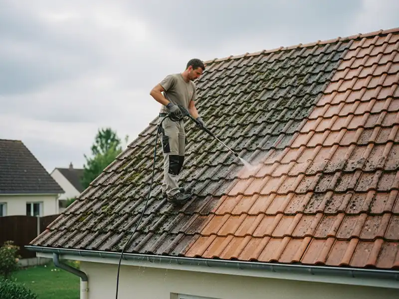 Un couvreur debout sur un toit en tuiles utilise un nettoyeur &agrave; pression pour enlever la mousse et la salet&eacute;, r&eacute;v&eacute;lant des tuiles propres &agrave; c&ocirc;t&eacute; de la section sale - un exemple clair de Nettoyage de toiture dans le 91 dans un quartier r&eacute;sidentiel.