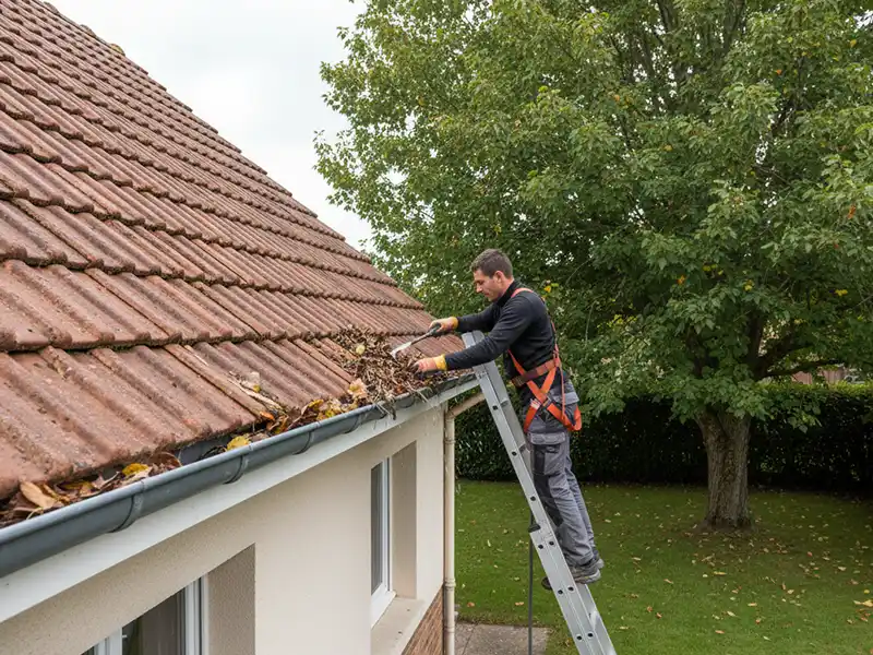 Un couvreur se tient sur une &eacute;chelle et porte un harnais de s&eacute;curit&eacute; pour nettoyer les feuilles et les d&eacute;bris de la goutti&egrave;re d'une maison au toit de tuiles ; Nettoyage des goutti&egrave;res dans le 91, avec des arbres verts et de l'herbe visibles dans la cour en contrebas.