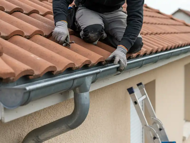 Pose de gouttière - Couverture Travaux Un couvreur portant des gants et des vêtements de travail s'agenouille pour réparer ou effectuer une pose de gouttière sur un toit en tuiles, à l'aide d'outils. Une échelle se trouve à côté de la maison, un tuyau de descente étant visible à proximité.