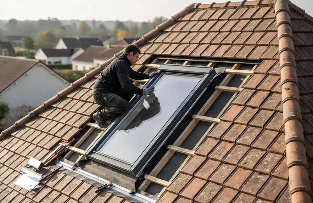 Un couvreur est agenouill&eacute;e sur un toit en tuiles et r&eacute;alise la pose de velux, installant une grande fen&ecirc;tre de toit au milieu d'une charpente en bois et d'outils, avec des maisons et des arbres visibles &agrave; l'arri&egrave;re-plan.