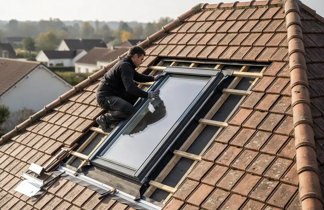 Un couvreur est agenouill&eacute;e sur un toit en tuiles et r&eacute;alise la pose de velux, installant une grande fen&ecirc;tre de toit au milieu d'une charpente en bois et d'outils, avec des maisons et des arbres visibles &agrave; l'arri&egrave;re-plan.