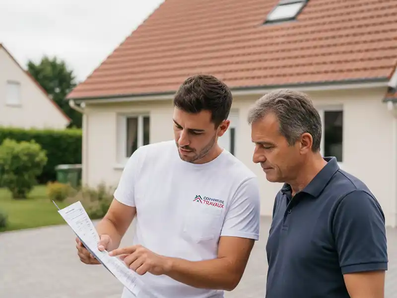 Deux hommes se tiennent &agrave; l'ext&eacute;rieur devant une maison ; l'un, en chemise blanche, montre un document et le pointe du doigt, pour discuter du prix d'un nettoyage de toiture dans le 91, tandis que l'autre, en chemise bleue, regarde attentivement.