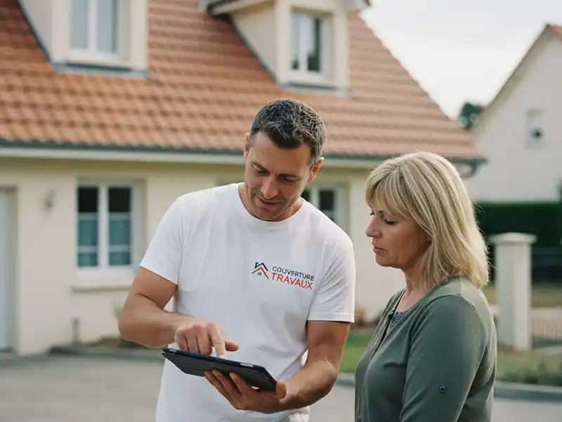 Prix réparation de toiture 91 - Couverture Travaux Un couvreur en T-shirt blanc montre un devis sur une tablette à une femme à l'extérieur d'une maison avec un toit en tuiles, discutant du prix pour une réparation de toiture.