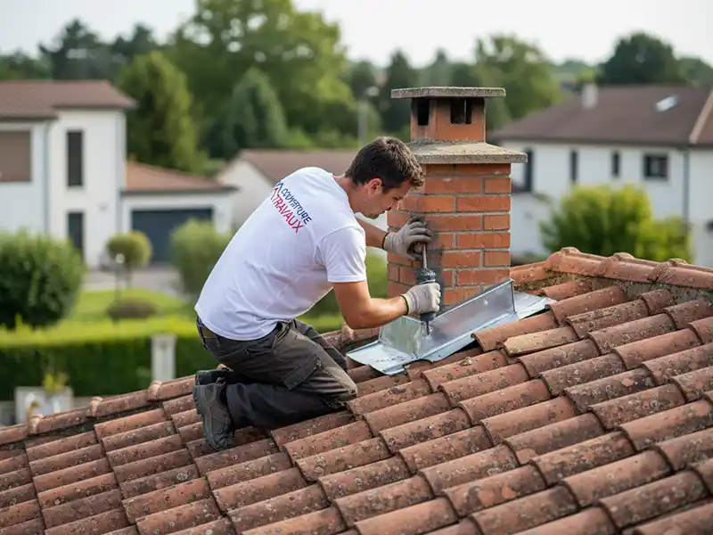 Raccords de toiture en zinc - Couverture Travaux Un couvreur portant des gants et une chemise blanche est agenouillé sur un toit en tuiles, installant des raccords de toiture en zinc comme solin autour d'une cheminée en briques. Des maisons résidentielles et de la verdure sont visibles à l'arrière-plan.