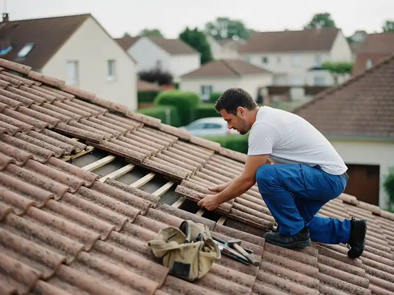 Recherche de fuite - Couverture Travaux Un homme vêtu d'une chemise blanche et d'un pantalon bleu est agenouillé sur un toit de tuiles en pente, effectuant peut-être une recherche de fuite alors qu'il répare ou remplace des tuiles. Des outils et un sac à outils se trouvent à côté de lui. Des maisons et de la verdure sont visibles à l'arrière-plan.