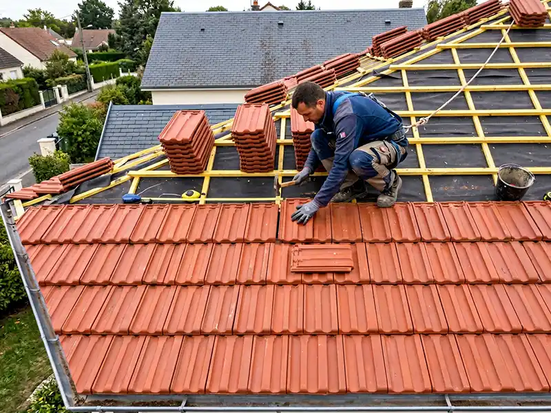 Rénovation de toiture par un couvreur expérimenté - Couverture Travaux Rénovation de toiture par un couvreur expérimenté : un ouvrier ganté installe des tuiles rouges sur une charpente en bois, alignant chaque tuile avec soin. Des piles de tuiles et des outils reposent à proximité, entourés de maisons et de verdure.