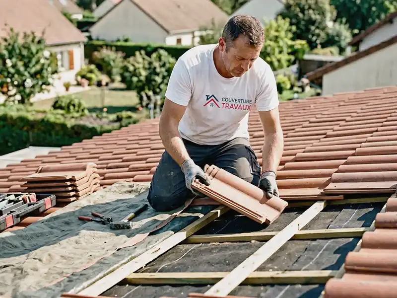 Un homme portant des gants de travail est agenouill&eacute; sur un toit, posant des tuiles en terre cuite. Il porte une chemise blanche avec logo et est entour&eacute; d'outils et de tuiles empil&eacute;es, travaillant sur la r&eacute;paration de toiture et &eacute;tanch&eacute;it&eacute; en Essonne avec des maisons et de la verdure en arri&egrave;re-plan.