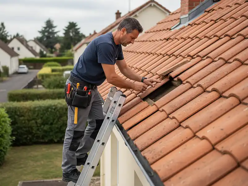 Réparation de toiture par un couvreur expérimenté - Couverture Travaux Un couvreur expérimenté debout sur une échelle effectue une réparation de toiture, utilisant des outils de sa ceinture pour fixer des tuiles, avec des maisons résidentielles et de la verdure en arrière-plan.