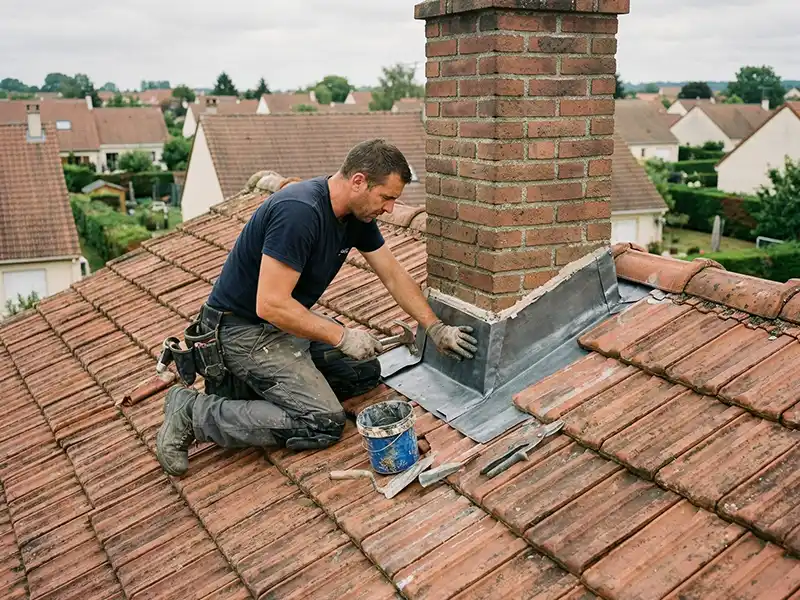Réparation des éléments étanches - Couverture Travaux Un couvreur entreprend la réparation des éléments étanches autour d'une cheminée en briques sur un toit en tuiles, à l'aide d'outils et de mortier, avec des maisons et des arbres visibles à l'arrière-plan.