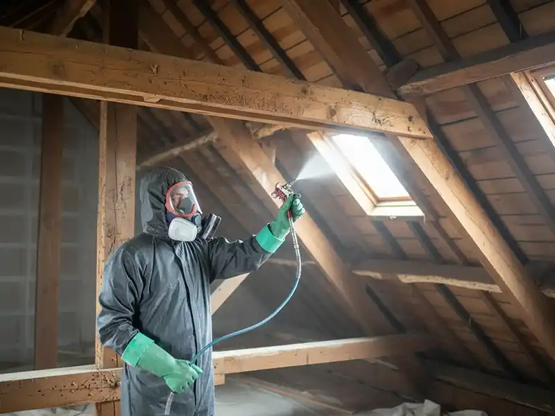Une personne munie d'un &eacute;quipement de protection et d'un respirateur pulv&eacute;rise un traitement sur les poutres en bois d'une charpente dont les chevrons et les lucarnes sont apparents.