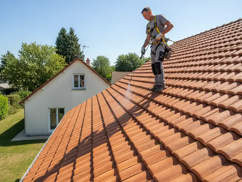 Un couvreur en tenue de s&eacute;curit&eacute; applique un traitement hydrofuge &agrave; l'aide d'un nettoyeur &agrave; pression pour nettoyer le toit en tuiles rouges lors d'une journ&eacute;e ensoleill&eacute;e, tandis qu'une autre maison et des arbres sont visibles &agrave; l'arri&egrave;re-plan.