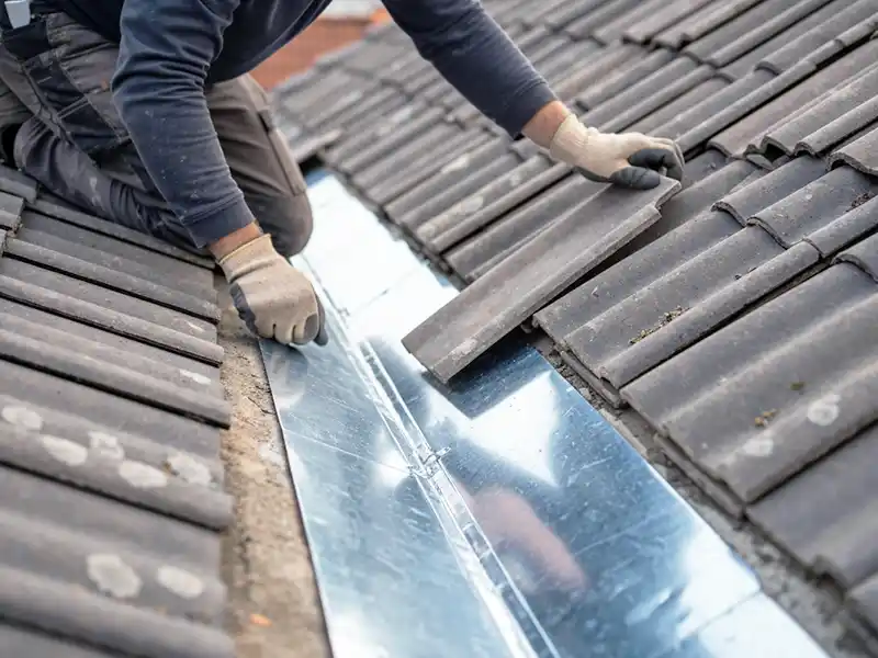 Travaux de zinguerie 91 Remplacement noue -Couverture Travaux Un ouvrier portant des gants installe des tuiles grises à côté d'un solin de noue en métal brillant sur un toit en pente, démontrant ainsi des travaux de zinguerie dans le 91.