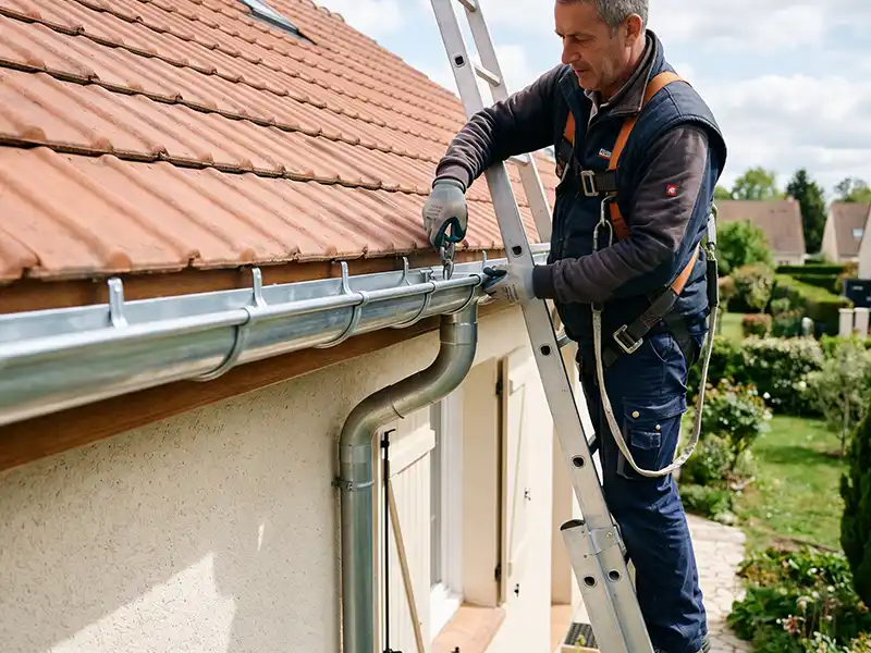 Un couvreur zingueur se tient sur une &eacute;chelle et porte un &eacute;quipement de s&eacute;curit&eacute; pour r&eacute;parer ou installer une goutti&egrave;re m&eacute;tallique sur le bord du toit d'une maison par une journ&eacute;e ensoleill&eacute;e.